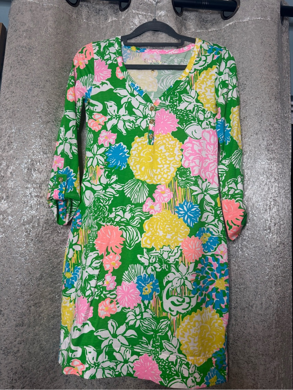 Lilly Pulitzer Floral Pima Cotton Dress XS Green Pink Yellow 3/4 Sleeve
